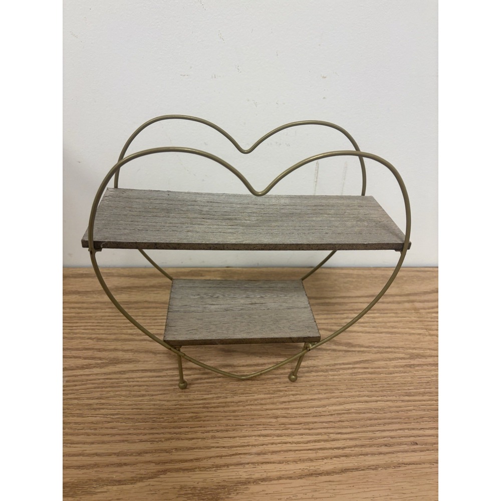 Valentines Wood and gold metal heart two tier tray shelf stand